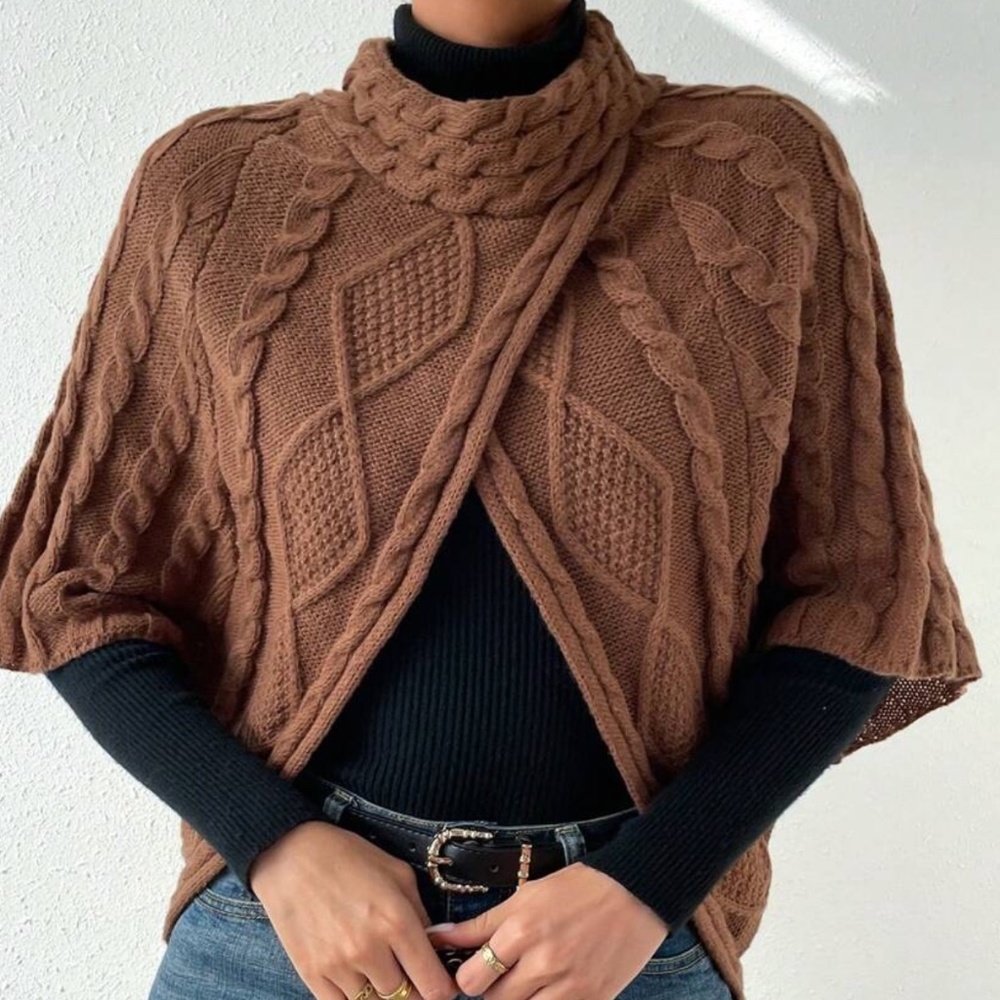 048 Cozy Chunky Cable Knit Asymmetrical Poncho Sweater Top